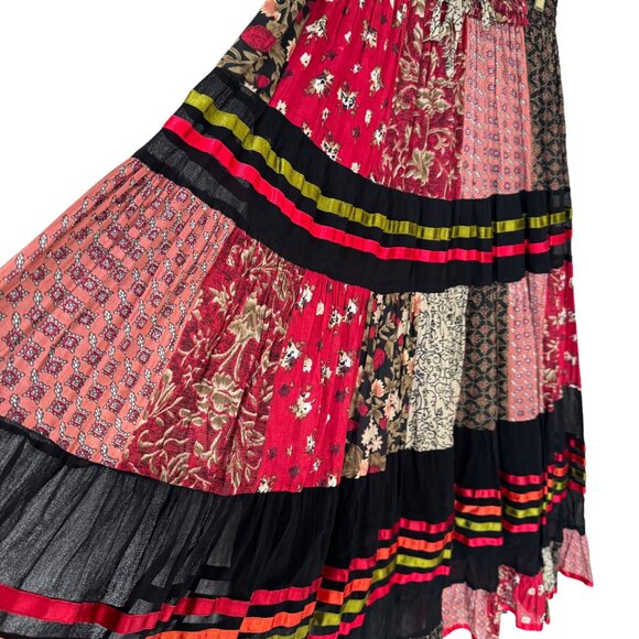 Sacred Threads Patchwork Ribbon Maxi Skirt One Size Elastic Waist Tie Lined Boho - Picture 3 of 16